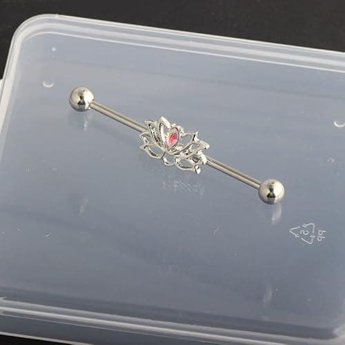 Zynova 14G Lotus Industrial Barbell Earring for Women 316L Surgical Steel AB Color Cubic Zirconia Flower Cartilage Industrial Bar 38mm Industrial Piercing Jewelry thumbnail 3