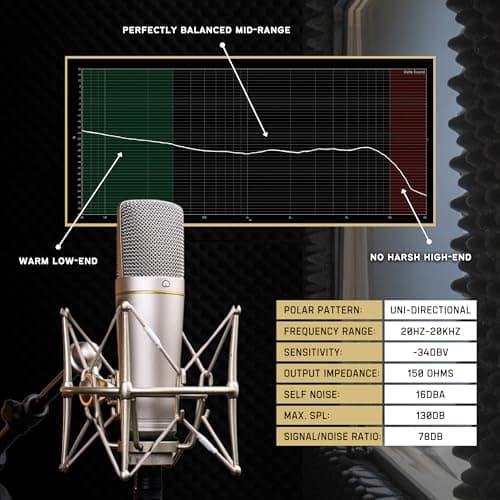 MA-67 Studio Condenser Microphone, 34mm Gold Large Diaphragm Capsule, Including Hydro Pop Filter, Metal Shock Mount, XLR Cable and Mic Bag - For Music Production, Vocal Recording and Podcasting thumbnail 5