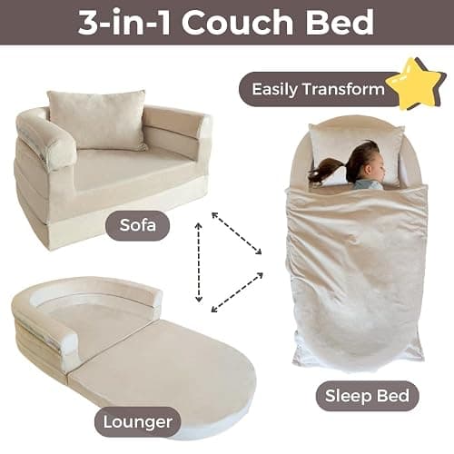 Wonder Space Kids Foam Couch with Blanket & Pillow, Pre-Assembled Toddlers 3-in-1 Convertible Sofa, Indoor Foadable Lounger Chair & Flip Open Floor Bed for Boys & Girls (Ivory) thumbnail 3