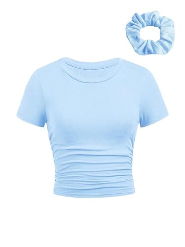 SOLY HUX Girl's Short Sleeve Crew Neck Slim Fitted Basic T-Shirts Summer Tops with Hair Ties - Image 1