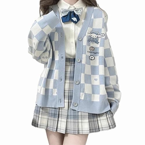 Kawaii Sweater Anime Plaid Cardigan Sweaters Cardigan for Women Cosplay Costume V Neck Long Sleeve - Image 1