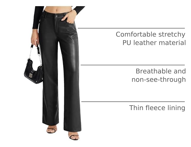 VILIGO Women's Faux Leather Pants Button PU Jeans Straight Wide Leg Trousers with Pockets thumbnail 4