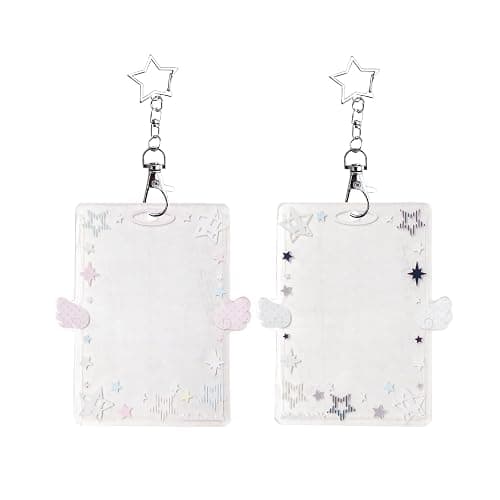 2 PCS Angel Wing Photocard Holder - Kpop Photo Card Holder Keychain|Clear Acrylic ID Badge Case for Student & Bus Cards (Pink & White) - Image 1