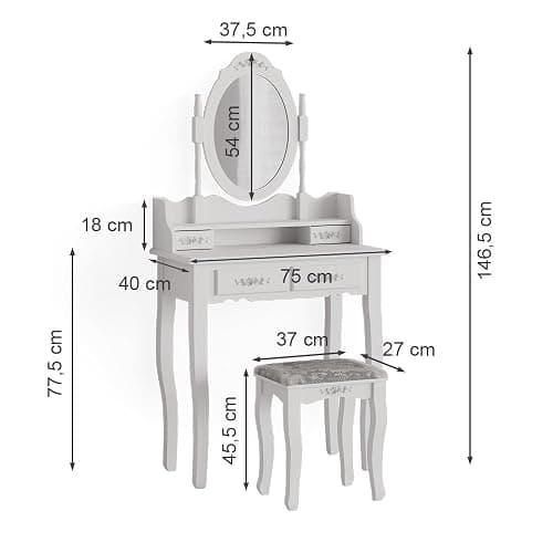 Vicco Coiffeuse Meghan, Blanc, 75cm avec Tabouret, avec Tabouret et Miroir Ovale fixé solidement thumbnail 2