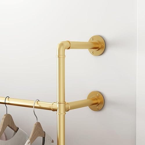 Industrial Pipe Clothing Rack, Heavy Duty Metal Clothes Rack with Double Rods for Hanging Clothes, Wall Mount Space-Saving Garment Display Rack (Three, Gold) thumbnail 5