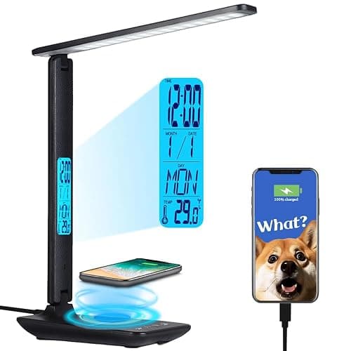 wanjiaone Multifunctional LED Desk Lamp with Wireless Charger,USB Charging Port,Clock,Phone Holder,Desk Lamps for Home Office,Eye-Caring Reading Lamp,Study Lamp for Boys,Girls,Teens,Black - Image 1