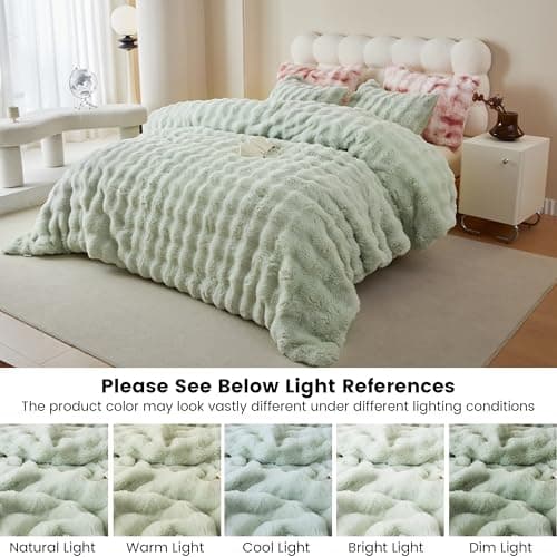 Simple&Opulence Fluffy Faux Fur Comforter Set, Plush Fuzzy Minky Bedding Set, 3 Pieces Warm Soft Comforter Bedding Set for Winter - 1 Shaggy Comforter with 2 Pillow Shams(King, Light Green) thumbnail 7
