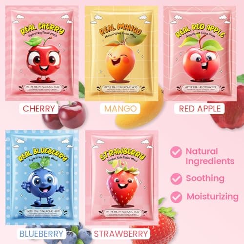 Kaely 10 Pack Fruit Face Masks for Kids, Kids Face Mask Spa Day Kit Supplies, Spa Party Favors for Teens Girls Women, Sheet Facial Mask Skincare Gifts Set, Moisturize Soothe for All Skin Types, 02 thumbnail 2