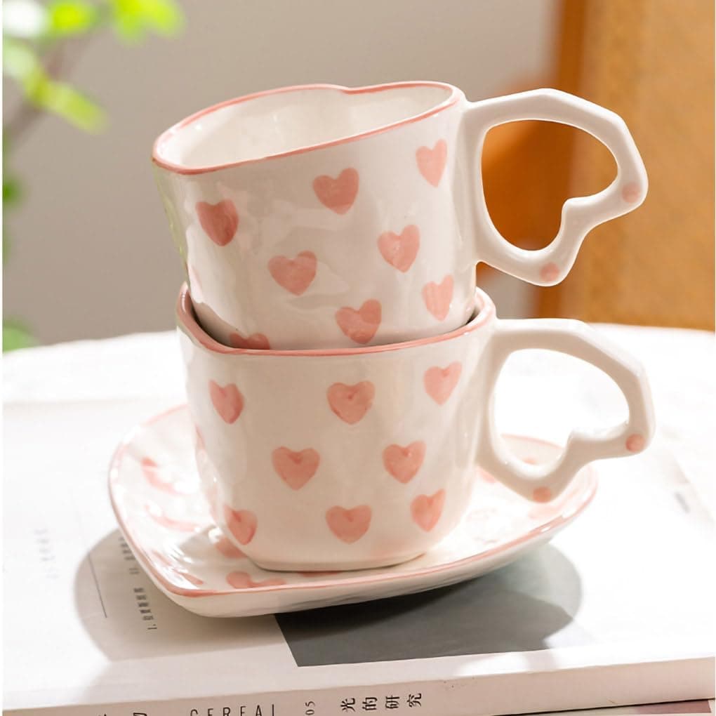 WAIT FLY Heart Shaped Ceramic Coffee Mug Set with Saucer, Tea Cup, Breakfast Cup, Dessert Plate-Pink-8 OZ thumbnail 5