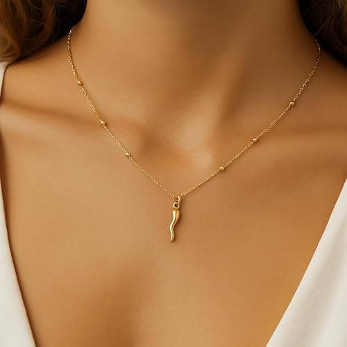 Fronay Collection 14K Gold Plated Italian Horn Necklace - Dainty Italian Cornicello Necklace – Gold Laminated Rosary Chain – 16”+1.5” – Good Luck Talisman Jewelry for Women - Made in Brazil thumbnail 4
