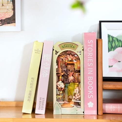 Rowood Book Nook Kits for Adults,3D Wooden Puzzle Bookend,Bookshelf Decor Insert Alley,DIY Miniature Booknook Model Craft Kits for Adults,Gifts with LED on Birthday Christmas(Falling Sakura) thumbnail 2