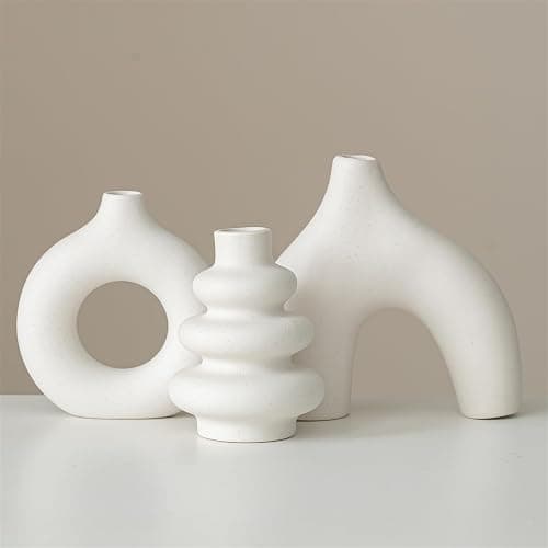 REONROCK White Ceramic Vases Set of 3, Minimalist Nordic Modern Style, Round Donut Vase for Dried Flowers, Pampas Grass & Fresh Blooms,Boho Home Decor for Table Shelf Living Room Office (White) thumbnail 4