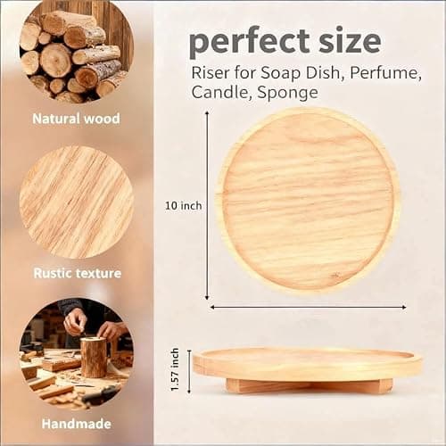 10 Inch Round Solid Wood Decorative Tray – Wooden Riser for Bathroom Counter & Kitchen, Rustic Farmhouse Vanity Organizer for Soap, Candle, Perfume, Gift thumbnail 3