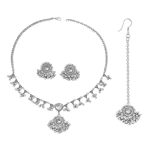 Indian Ethnic Jhumka Jewelry Set for Women Bead Ball Stud Earrings Maang Tikka Oxidized Antique Traditional Jhumki Pendant Bib Choker Necklace Boho Gypsy Wedding Bridal Jewelry Dance Prom Accessories - Image 1
