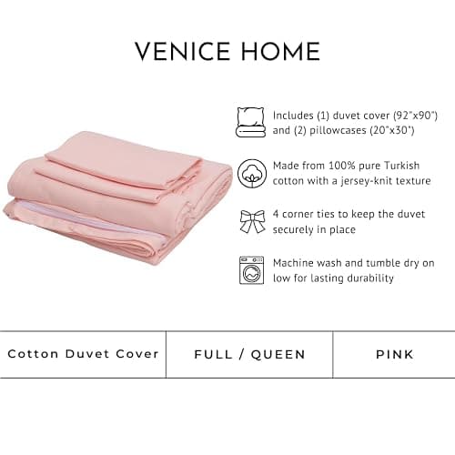 Venice Home 100% Cotton Jersey Duvet Cover Set - Ultra Soft & Breathable - All-Season Comfort - Easy Fit with 4 Corner Ties - Includes 2 Pillowcases - 3-Piece Bedding Set (Pink, Full/Queen) thumbnail 2