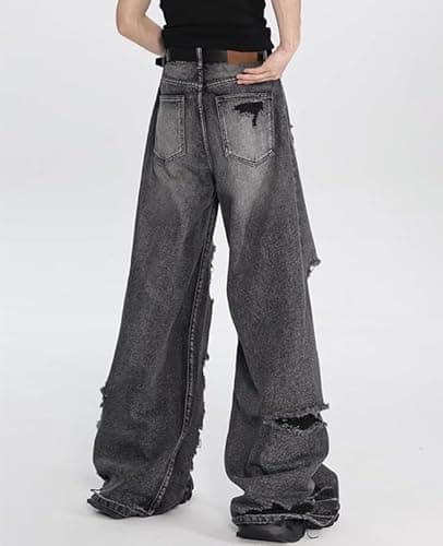 Lafaguw Baggy Jeans for Women Men Ripped Straight Leg Pants High Waisted Distressed Jeans Y2K Grunge Summer Clothes. - Medium - Black3 thumbnail 4