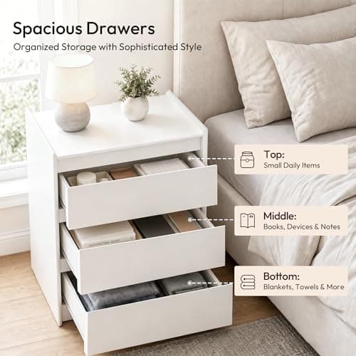 FurniXpress 24" Tall Nightstand with Charging Station Including USB-C, Modern Bedside Table and Sofa End Table - White, 3 Drawers, 1-Pack thumbnail 5