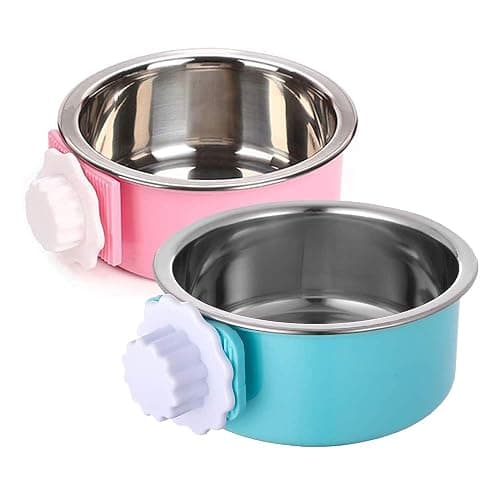 QIYADIN Stainless Steel Removable Pet Food Bowl, Anti-overturn Water Feeder Container, Suitable for Small Dog/Cat/Rabbit, 2 Set of Crate Bowls, Easy to Install and Clean - Pink/Blue - 2PCS Round - Image 1