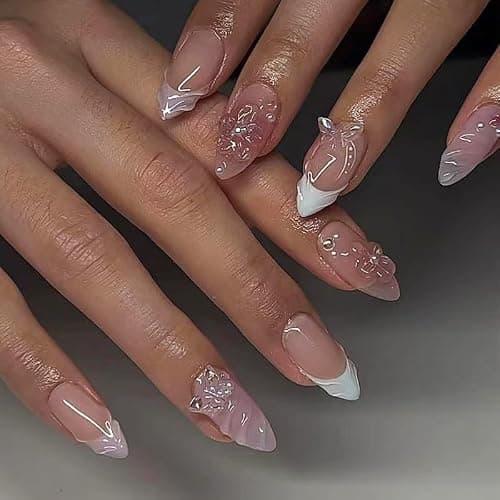 evpct 3D Nude Pink Handmade Press On Nails Almond Short, 3D Flower Butterfly Design Fake Nails Rusable for Spring & Summer Daily Wear, False Acrylic Nail with Glue Press ons Nail for Women Gift 30Pcs - Image 1