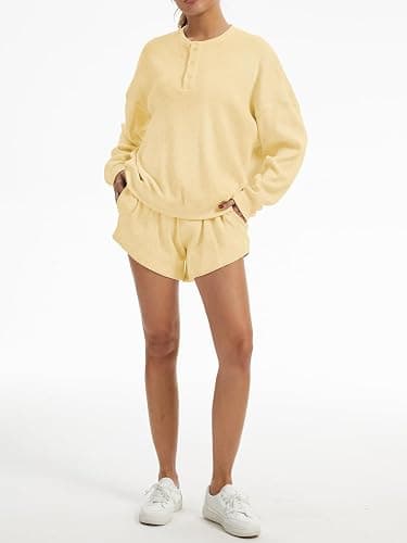 KCVVA Women Waffle Knit Lounge Set 2 Piece Oversized Long Sleeve Sweatshirt and High Waisted Shorts Outfit thumbnail 6