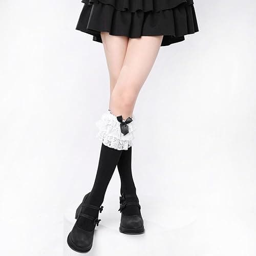 woosnscly Womens Lace Ruffle Knee High Socks Cute Bow Lolita Knee Highs Stockings Halloween Party Costume Long Socks, Cotton thumbnail 5