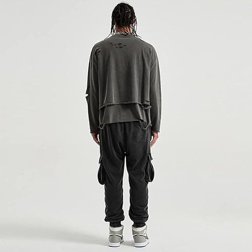 ELKNLMU Vintage Streetwear ripped Sweatshirt Men Fashion Autumn Solid Color Oversize Sweatshirt thumbnail 7