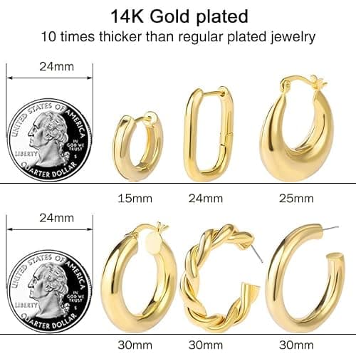 6 Pairs Chunky Gold Hoop Earrings Set for Women 14K Gold Plated Hypoallergenic Thick Open Huggie Hoop Set Jewelry for Christmas Gifts thumbnail 2
