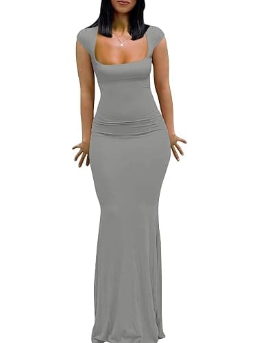 Womens Summer Cap Sleeve Square Neck Elegant Casual Lounge Bodycon Slim Maxi Evening Party Long Dress - Image 1