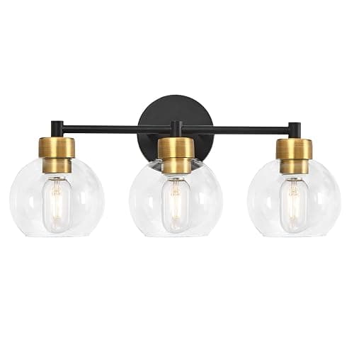 diniluse Black and Gold Bathroom Light Fixtures, 3 Lights Bathroom Vanity Light Round,Vanity Lights with Clear Globe Glass Shades, Wall Sconce for Mirror, Bedroom, Living Room, Kitchen - Gold - 3-Light thumbnail 8