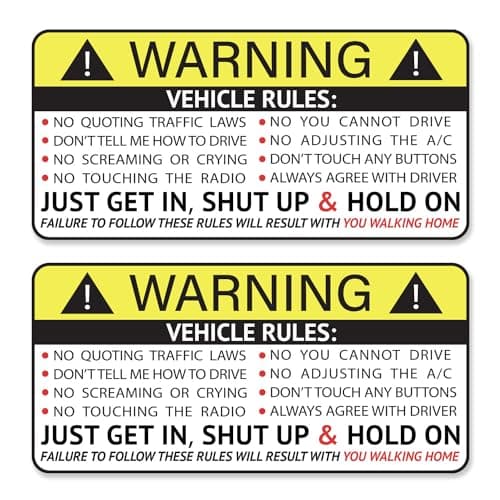 GRITKULTURE Funny Passenger Rules Vehicle Safety Warning Decal Stickers 2 Pack 1.8 inch X 3.7 inch Vinyl for Car, Dash, Truck, Window, Tumblers, Graphic Bumper for Laugh - Image 1