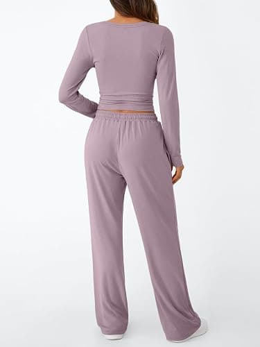Trendy Queen Women's 2 Piece Matching Lounge Set Long Sleeve Slightly Crop Top Wide Leg Pants Casual Sweatsuit thumbnail 4