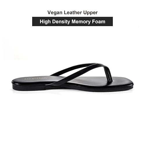 mazeskin Womens Memory Foam Flip Flops Leather Flat Sandals | Vegan Leather Square Toe Cushion Summer Casual Comfortable Slim Thong Beach Slide Shoes Non Slip thumbnail 3