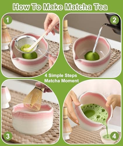 JBER Matcha Whisk Set, Ceramic Matcha Set Includes Bowl & Holder, Bamboo Whisk (Chasen), Sifter, Scoop, Spoon & Rest - 7PCS Matcha Kit Gift for Matcha Lovers & Beginners, Gradient Pink thumbnail 5