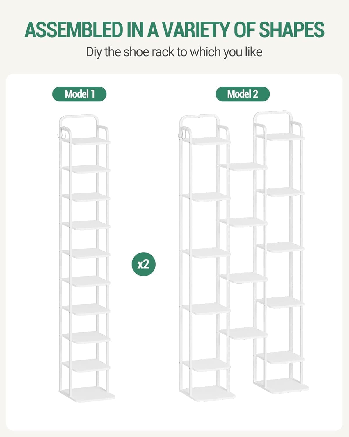 Hzuaneri Vertical Shoe Rack, Shoe Shelves, Wood Shoe Organizer for Closet, Entryway, Shoe Tower for Small Spaces, Free Standing, Adjustable, with 2 Hooks,10 Tiers White SR11213W thumbnail 5
