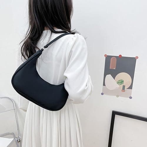 Aucuu Umhängetasche Damen Handtasche, Nylon Retro Achsel Tasche mit Pom-Pom-Schlüsselanhänger, Y2k Fashion Unterarmtasche mit Reißverschluss-Geschenk für Weihnachten und Geburtstag thumbnail 3