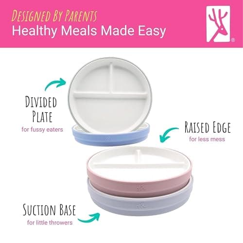 Elk and Friends Kids 7.8” Porcelain Divided Plates with Silicone Suction Sleeves | Suitable for Kids/Toddlers | Microwave & Dishwasher Safe | Non Slip | Snack Dishes | 4 Pack thumbnail 5