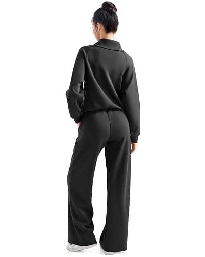 SUUKSESS Women 2 Piece Lounge Matching Set Wide Leg Sweatpant Half Zip Sweatshirt thumbnail 3