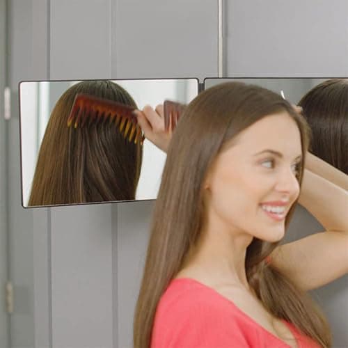 HIEEY 3 Way Mirror for Hair Cutting with LED,360 Trifold with Height Adjustable Telescoping Hooks,and 5X Magnification,for Makeup and Styling (Black) thumbnail 2