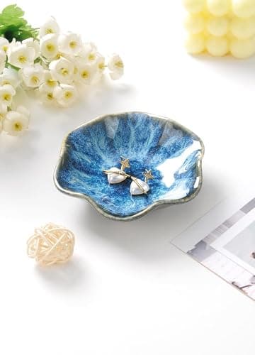 Lotus Leaf Shape Ring Holder Dish, Small Key Bowl, Ceramic Trinket Tray Jewelry Dish Organizing Necklace Earrings for Mom Friend Sister. All Jewelries Are NOT Included. Light Blue. thumbnail 4