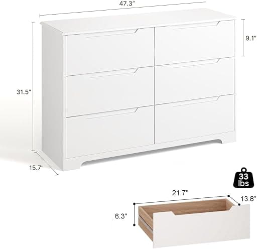 Gizoon 6 Drawer Double Dresser for Bedroom with Anti-Tip Design, White | Modern Wide Wooden Chest of Drawers with Cut-Out Handles, Closet Storage Organizer and TV Stand for Living Room, Hallway thumbnail 3