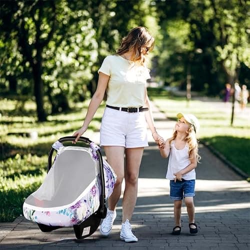 CARUILI Purple Floral Baby Car Seat Cover, Breathable Mesh Window, Sun and Wind Protection, 3 Modes of Use, Waterproof, Nylon, Polyester thumbnail 9