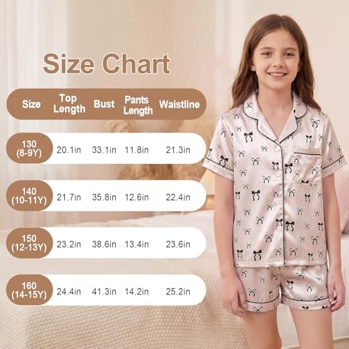FIOBEE Girls Satin Pajamas Set Short Sleeve Button Down Sleepwear Silky Soft Two Piece Pjs Clothing for Kids Teens 8-14 Years thumbnail 6