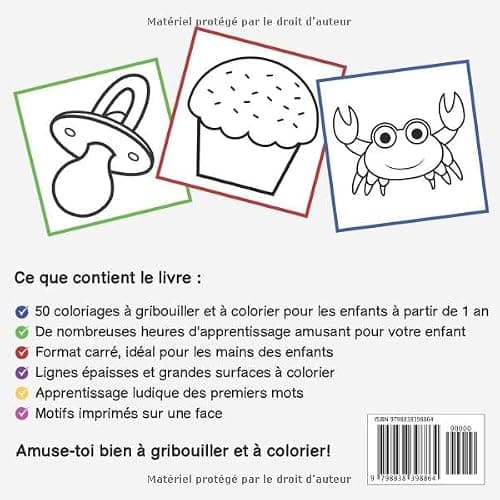 Livre à gribouiller dès 1 an: Livre de coloriage épais avec 50 jolis motifs simples à gribouiller, à colorier et à apprendre les premiers mots thumbnail 2