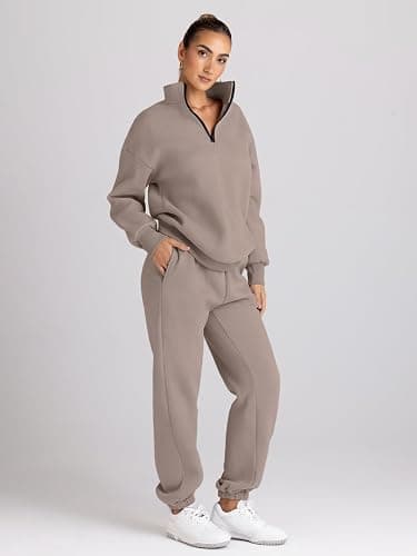 Trendy Queen Womens 2 Piece Outfits Long Sleeve Sweatsuits Half Zip Sweatshirts with Fleece Joggers Sweatpants - Coffeegrey - Large thumbnail 3