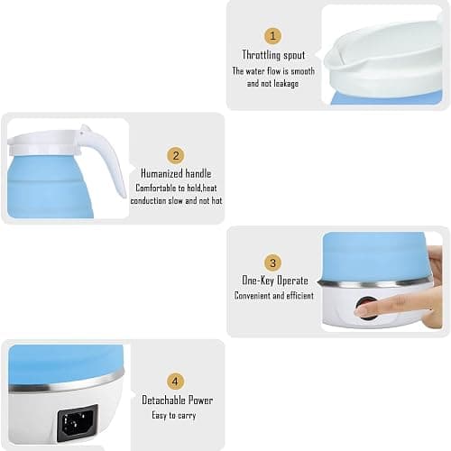 Travel Kettle Electric Small Foldable Portable Kettle,Silicone Collapsible Heating Water Boiler Tea Pot for Camping,Easy for Storage with Separable Power Cord (Blue pro) thumbnail 5