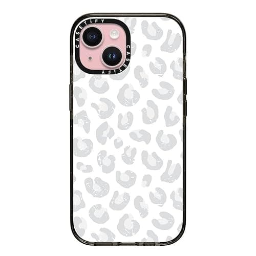 CASETiFY Impact Case for iPhone 15 [Slim / 8.2 ft. 4X Military Grade Drop Protection/Wireless Charging Compatible] - Silver Gray Leopard Print - Clear Black - Image 1