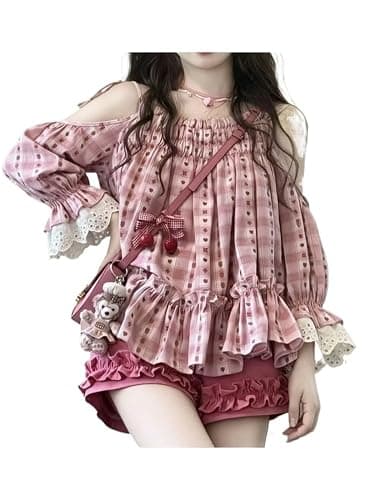 OATSBAS Women's Y2K Kawaii 2 Piece Outfit, Pink Polka Dot Camisole Dress & Red Shorts Mix and Match Set - Image 1