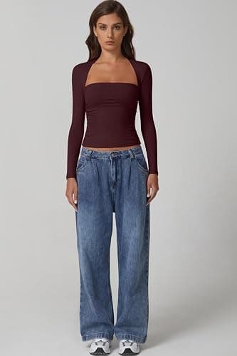QINSEN Long Sleeve Square Neck Tops for Women Double Lined Side Ruching Going Out Shirts Basic Tee thumbnail 3