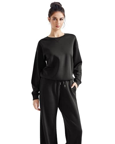 SUUKSESS Women Modal 2 piece outfits Oversized Sweatshirt Wide Leg Pants | Long Sleeve Crewneck Pullover Tops Sweatpants Sweatsuits Casual Lounge Set thumbnail 2