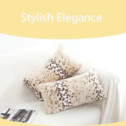 Entua Throw Pillows Covers, Fluffy Faux Fur Pillow Case Snow Leopard Cheetah Print Animal Decorative Lumbar Rectangle Cushion Cover for Couch Sofa Bedroom Living Room, 12x20, Beige thumbnail 5